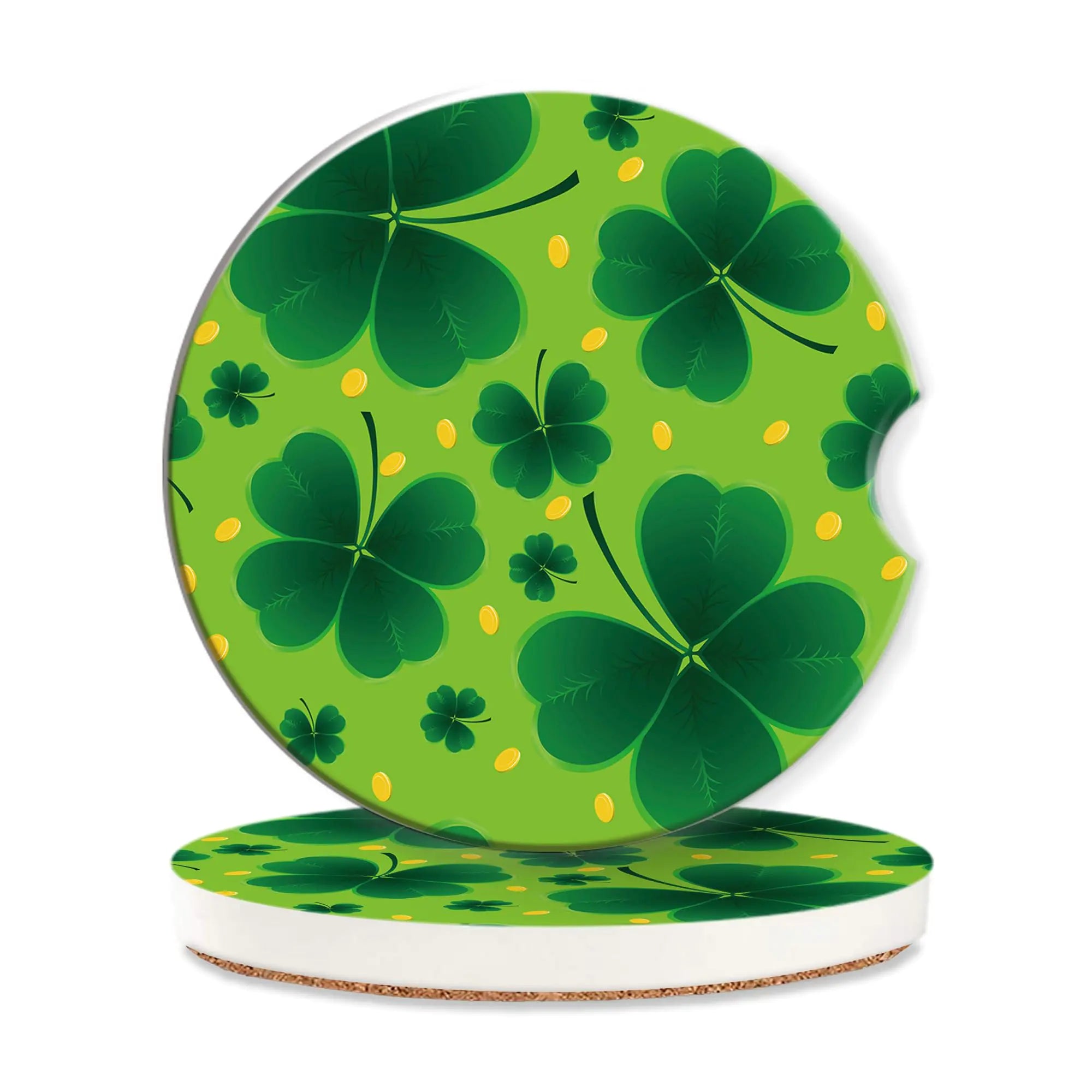 Green Lucky Clover Car Cup Holder CoasterSt. Patrick Day Car Coasters for Cup Holder2 PCS Absorbent Insert Ceramic Car Assecories with Cork Back & Finger Notch for Women Men
