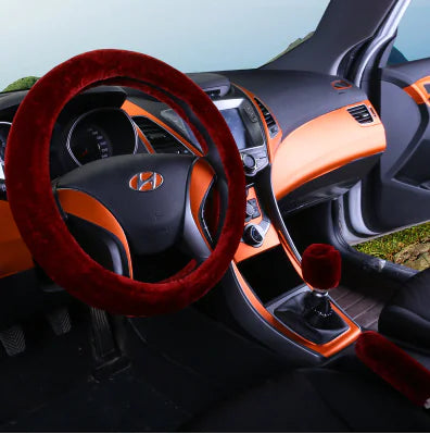 Winter Faux Wool Steering Wheel Cover Set in Pink