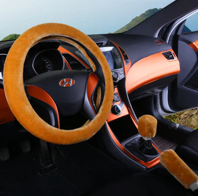 Winter Faux Wool Steering Wheel Cover Set in Pink